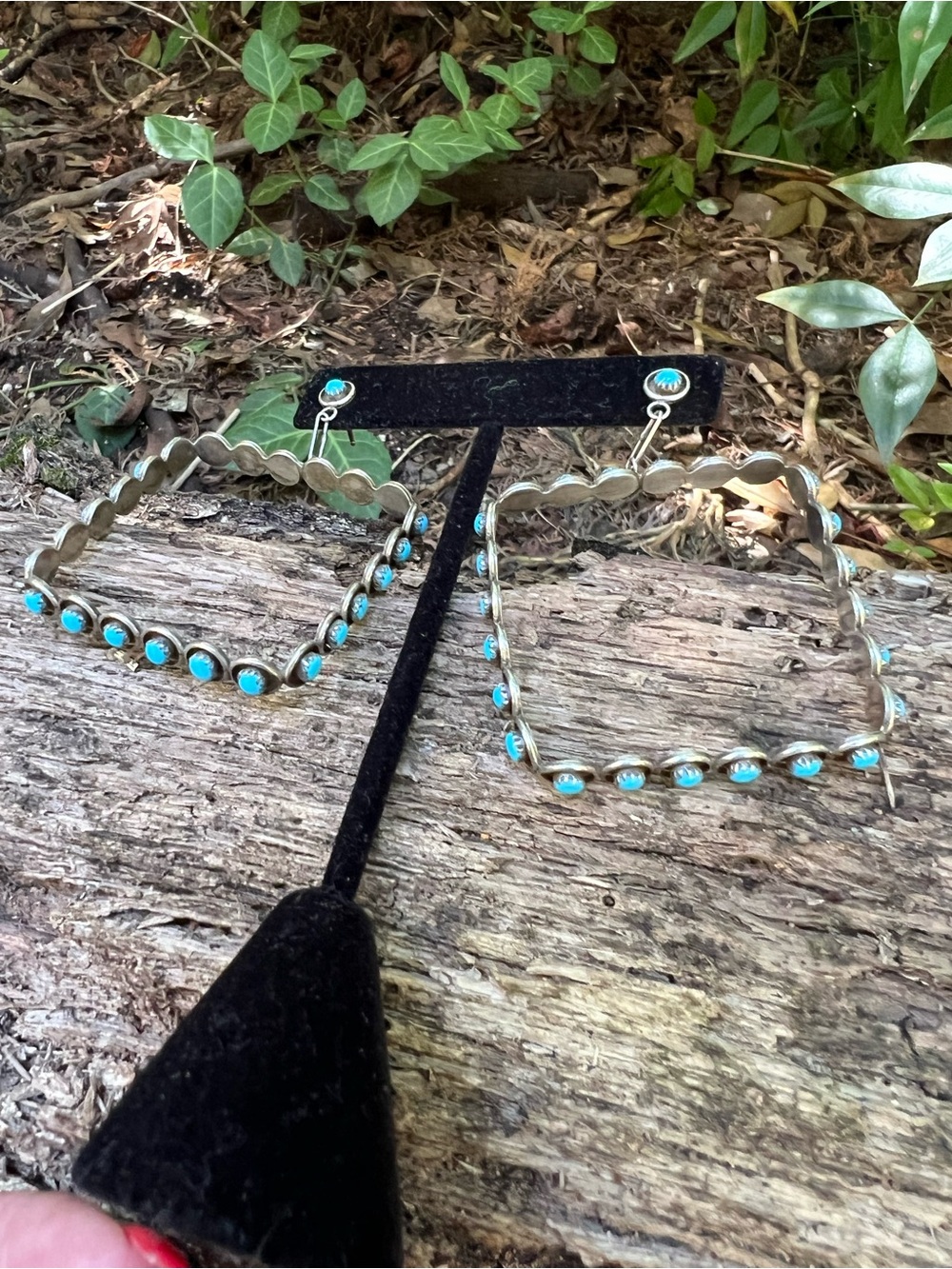 Vtg Zuni Turquoise Sterling Silver Snake Eye Square Hoop Dangle Earrings 925 - Picture 10 of 12